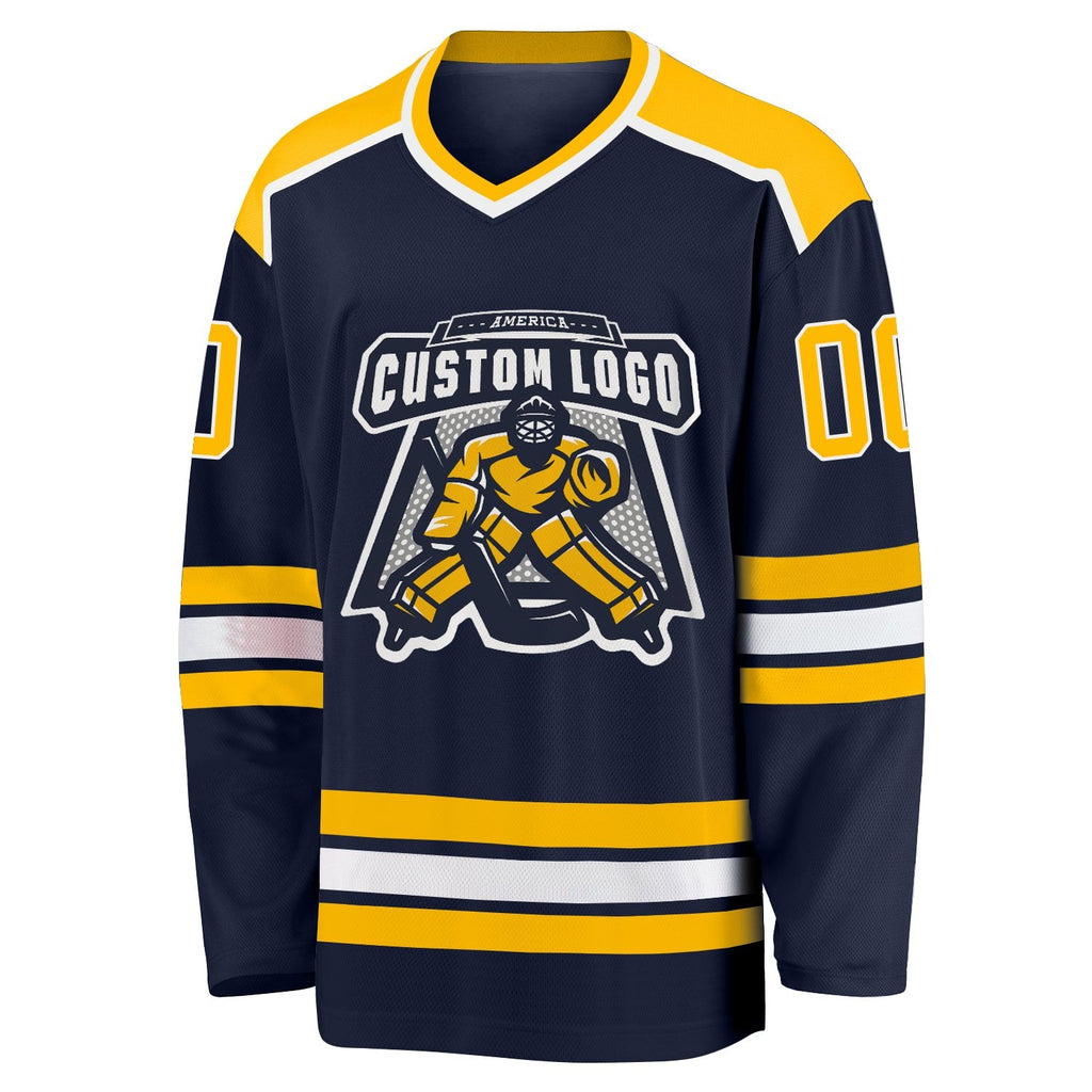 Custom Navy Gold-White Hockey Jersey photo 2