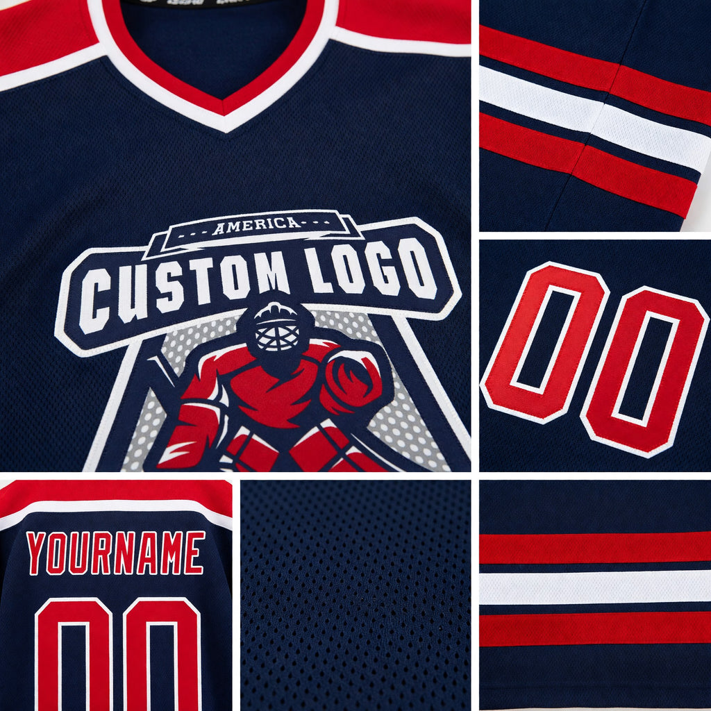 Custom Navy Red-White Hockey Jersey detail