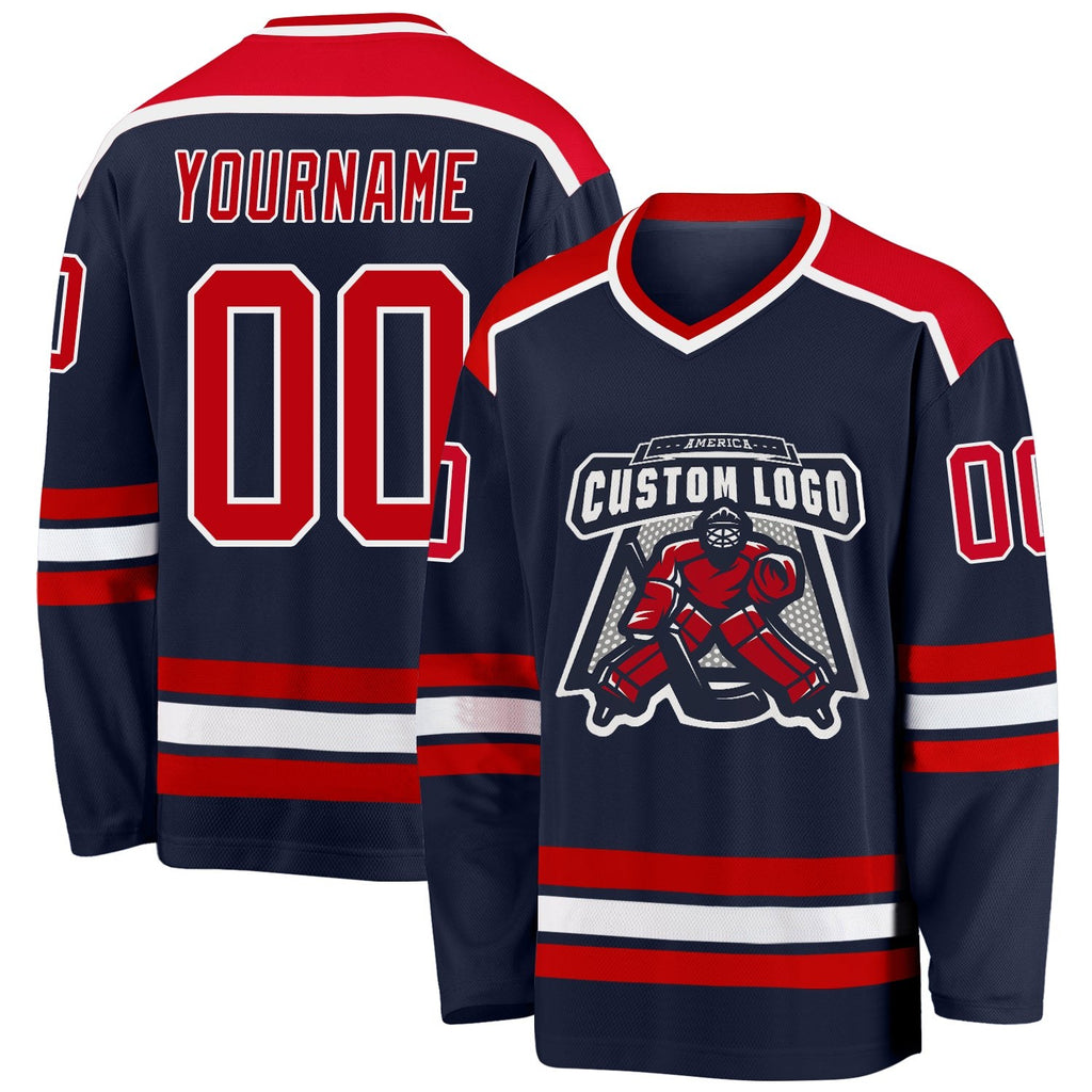 Custom Navy Red-White Hockey Jersey photo 1
