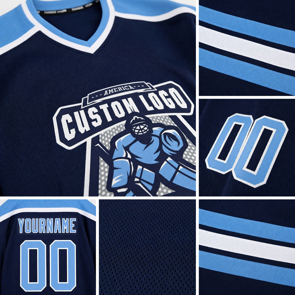 Custom Navy Light Blue-White Hockey Jersey detail