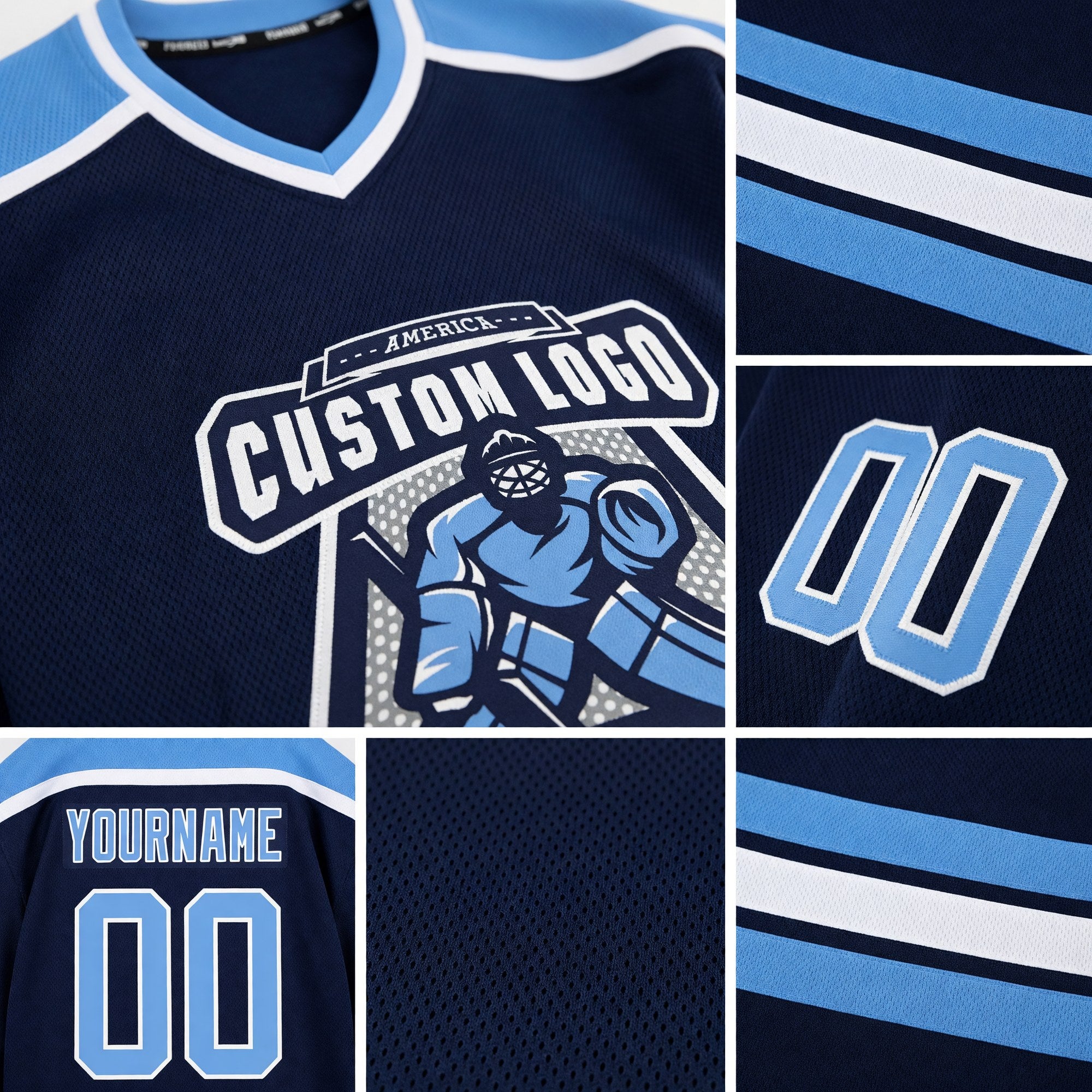 Custom Navy Light Blue-White Hockey Jersey detail