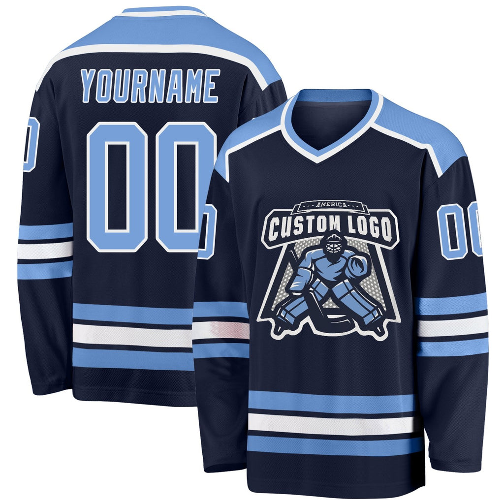 Custom Navy Light Blue-White Hockey Jersey photo 1