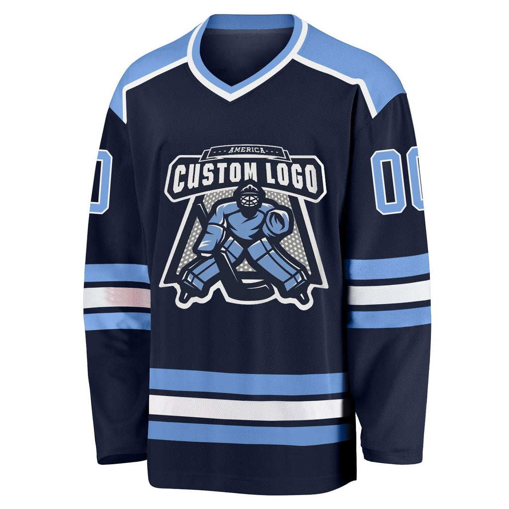 Custom Navy Light Blue-White Hockey Jersey photo 2