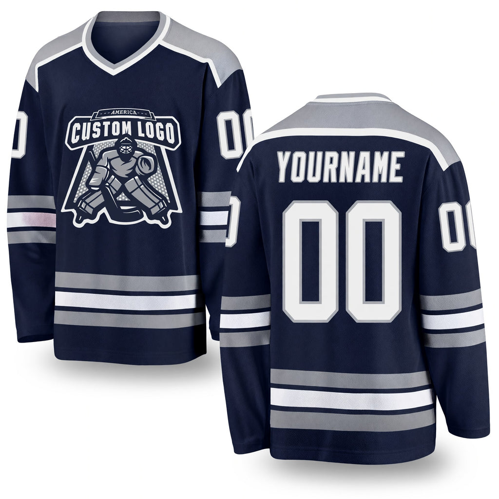 Custom Navy White-Gray Hockey Jersey