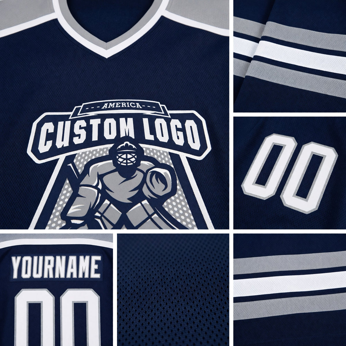 Custom Navy White-Gray Hockey Jersey detail