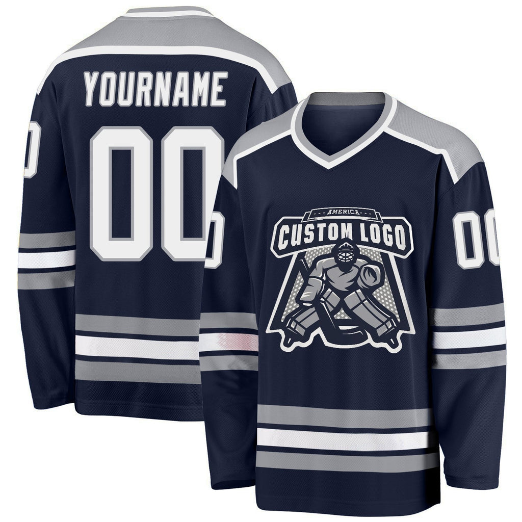 Custom Navy White-Gray Hockey Jersey photo 1