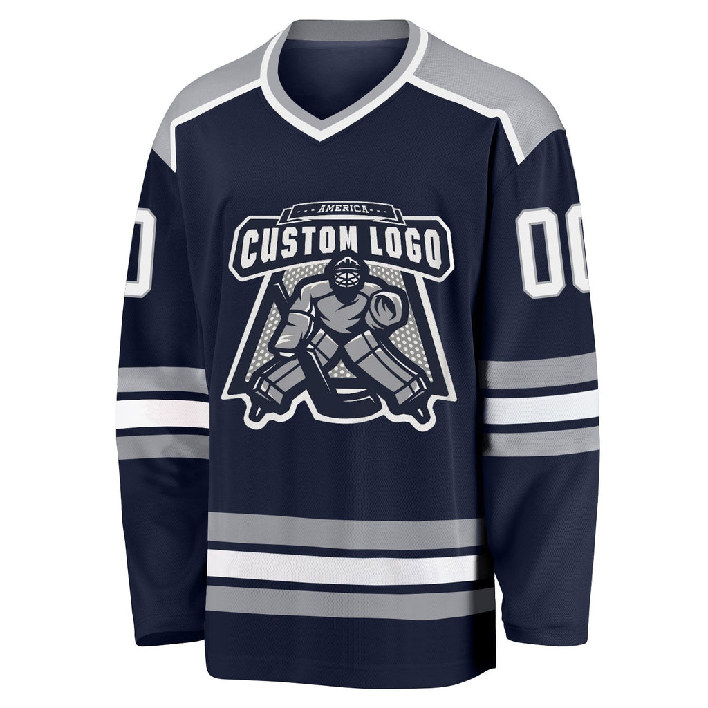 Custom Navy White-Gray Hockey Jersey photo 2