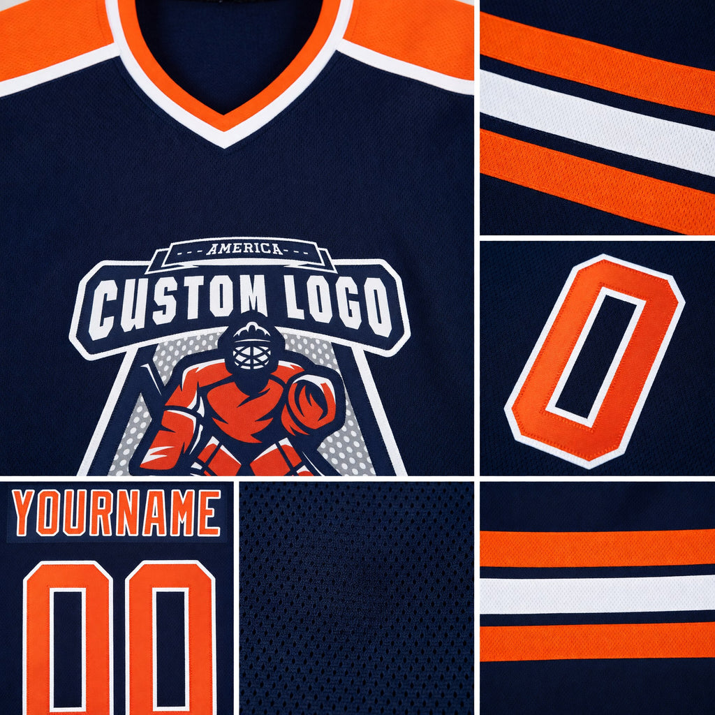 Custom Navy Orange-White Hockey Jersey detail