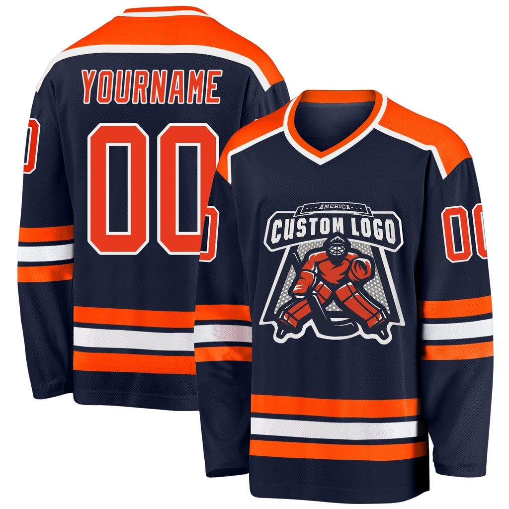 Custom Navy Orange-White Hockey Jersey photo 1