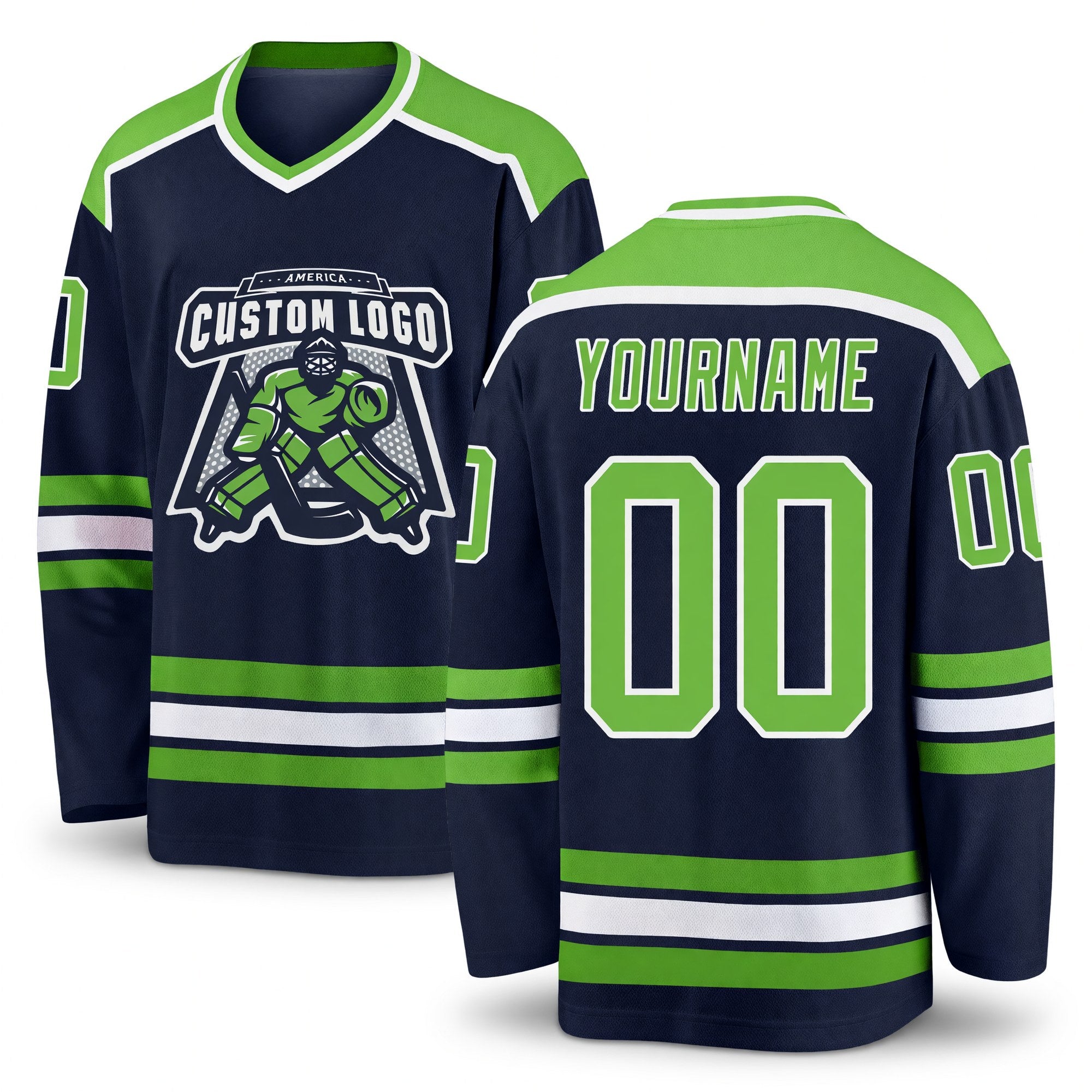 Custom Navy Neon Green-White Hockey Jersey