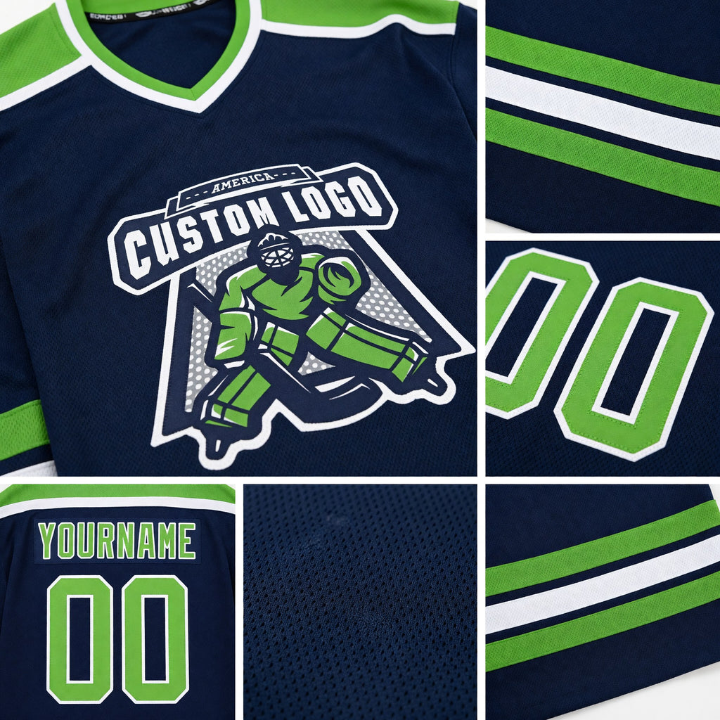 Custom Navy Neon Green-White Hockey Jersey detail