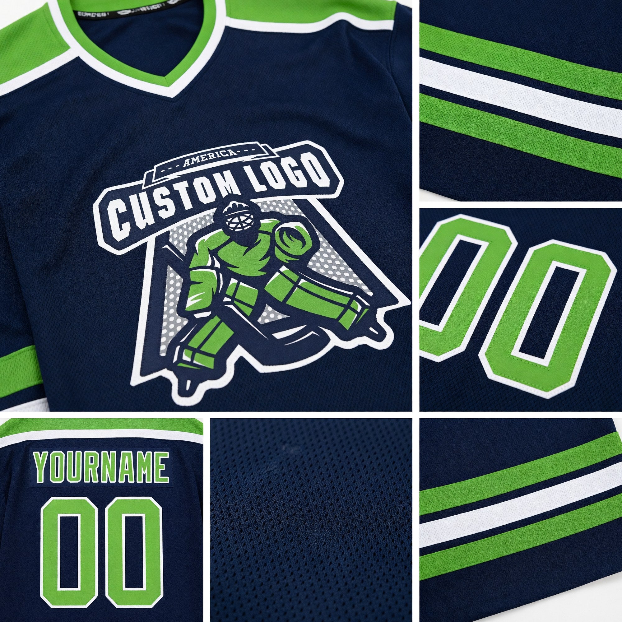 Custom Navy Neon Green-White Hockey Jersey detail