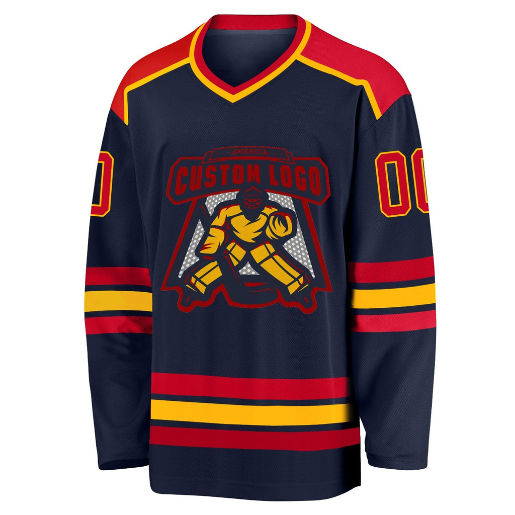 Custom Navy Red-Gold Hockey Jersey photo 2
