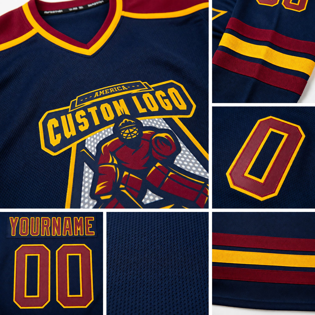 Custom Navy Maroon-Gold Hockey Jersey detail