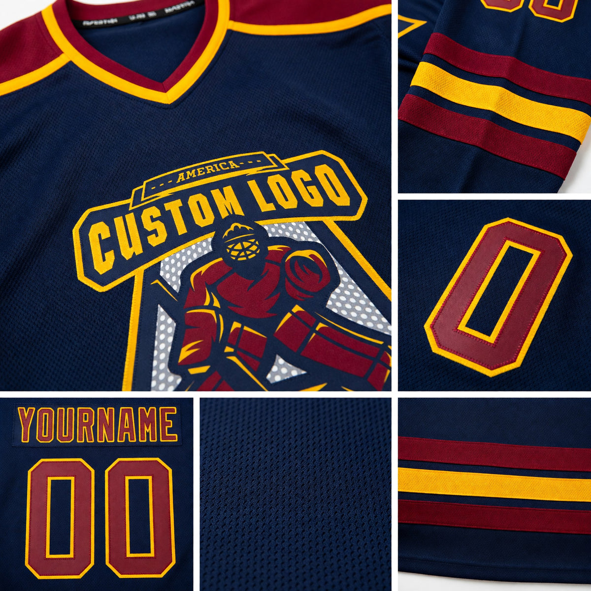 Custom Navy Maroon-Gold Hockey Jersey detail