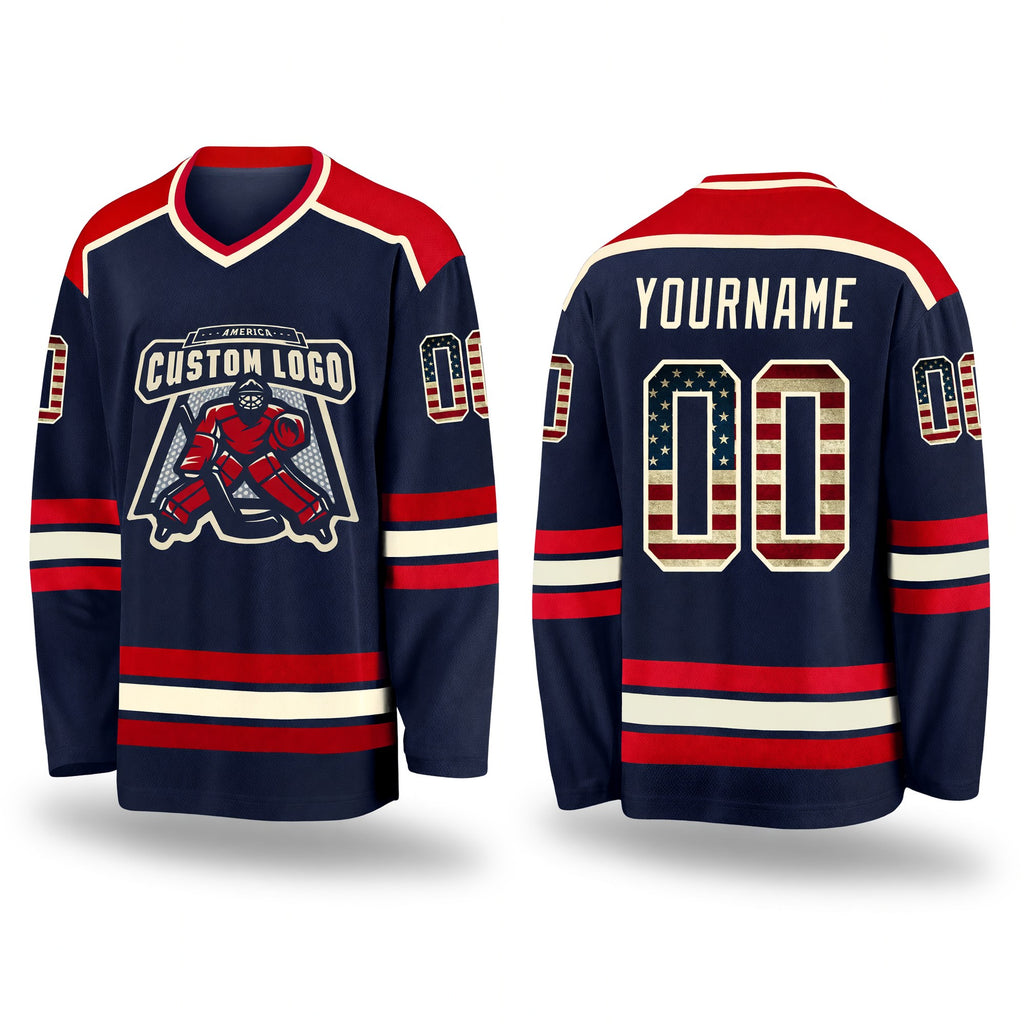 Custom Navy Vintage USA Flag Cream-Red Hockey Jersey