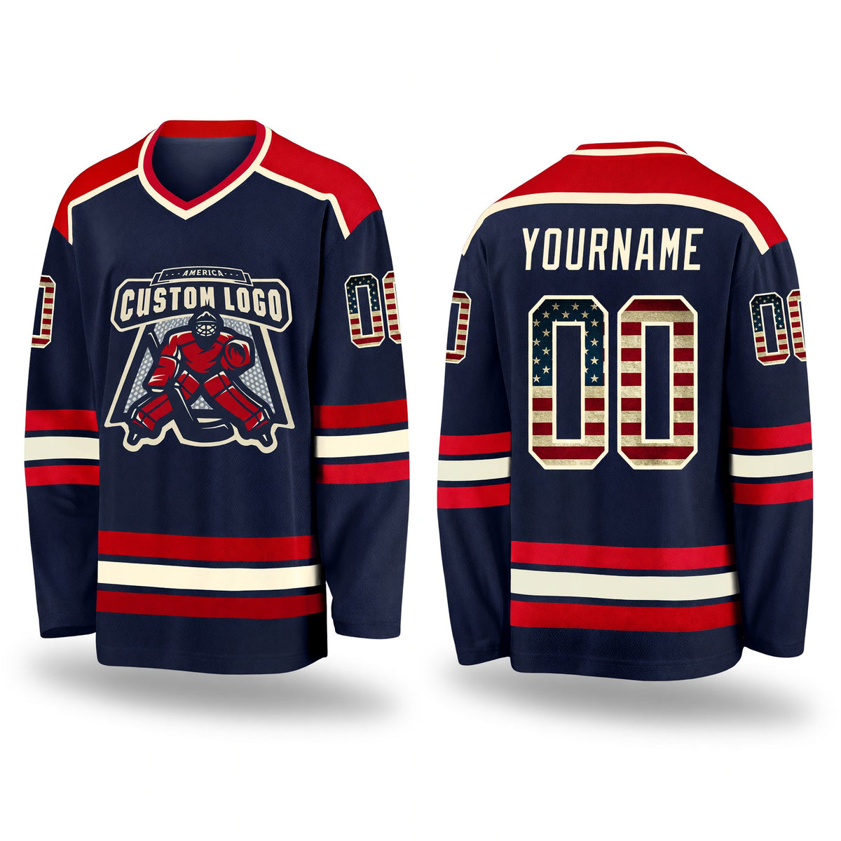 Custom Navy Vintage USA Flag Cream-Red Hockey Jersey
