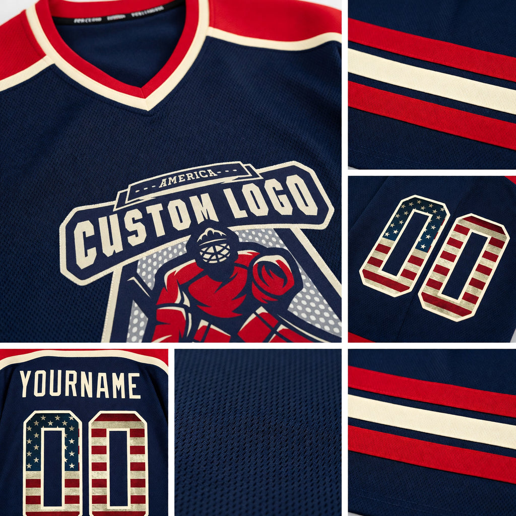 Custom Navy Vintage USA Flag Cream-Red Hockey Jersey detail