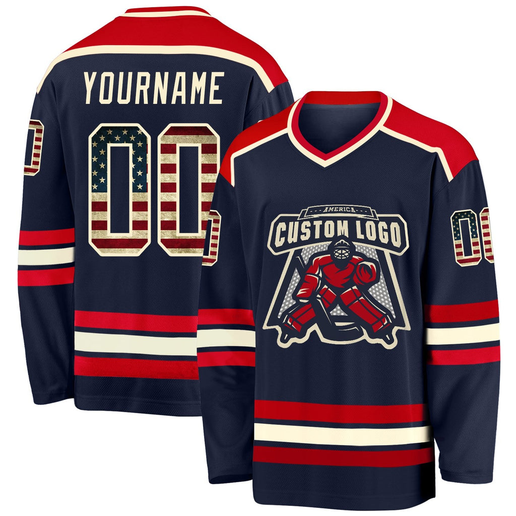Custom Navy Vintage USA Flag Cream-Red Hockey Jersey photo 1