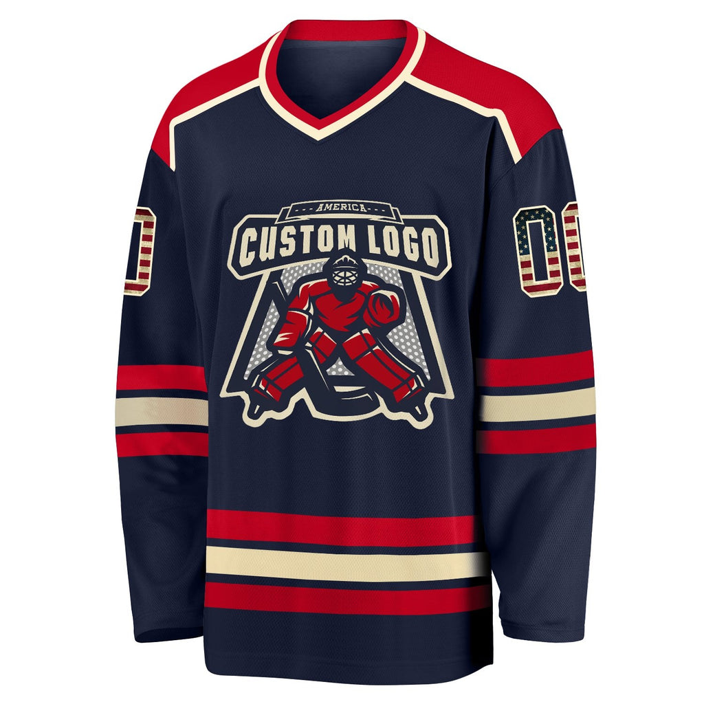 Custom Navy Vintage USA Flag Cream-Red Hockey Jersey photo 2
