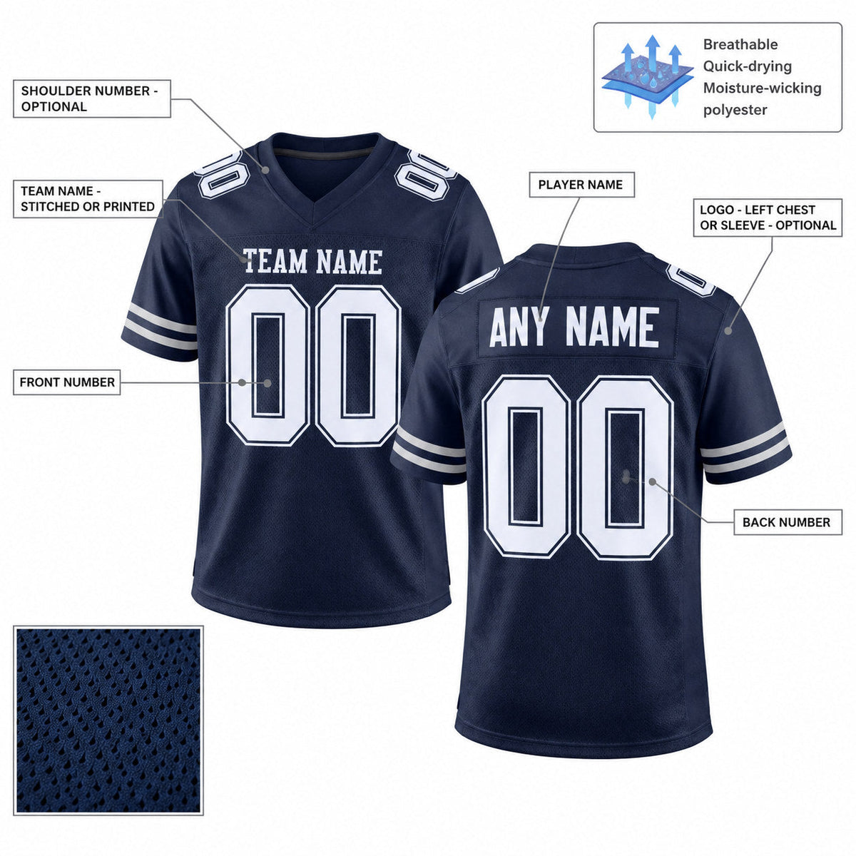 Custom Navy Mesh Authentic Football Jersey with White Lettering Design 0462 customization guide