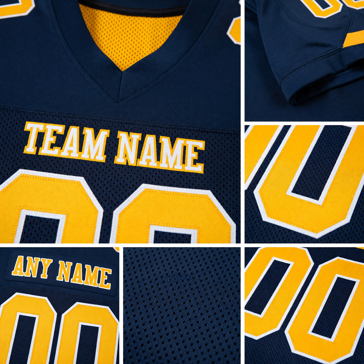Custom Navy Gold-White Mesh Authentic Football Jersey detail