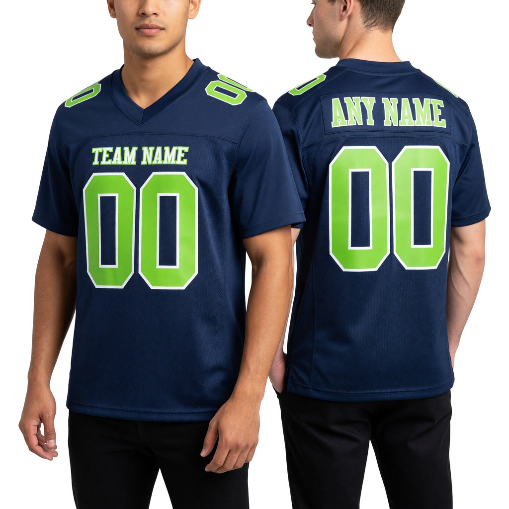 Custom Navy Neon Green-White Mesh Authentic Football Jersey worn front and back