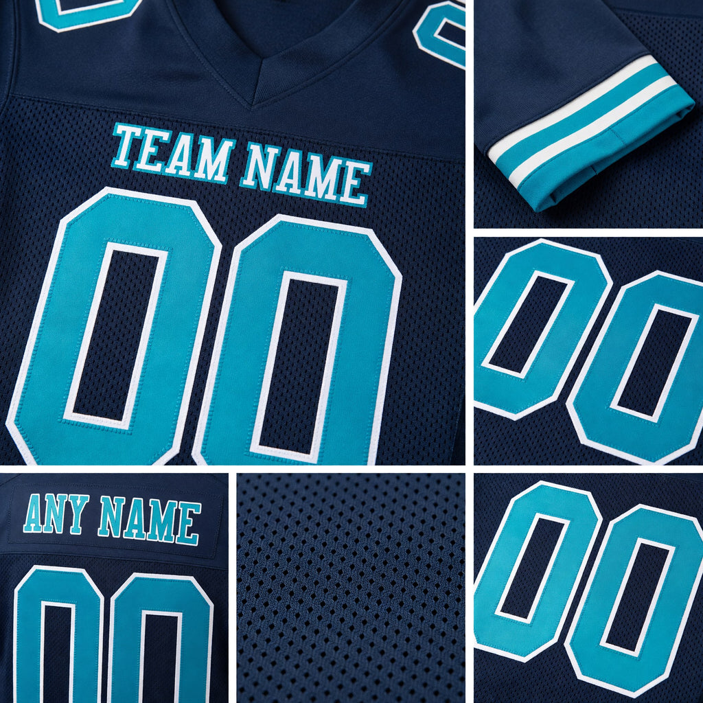 Custom Navy Aqua-White Mesh Authentic Football Jersey detail