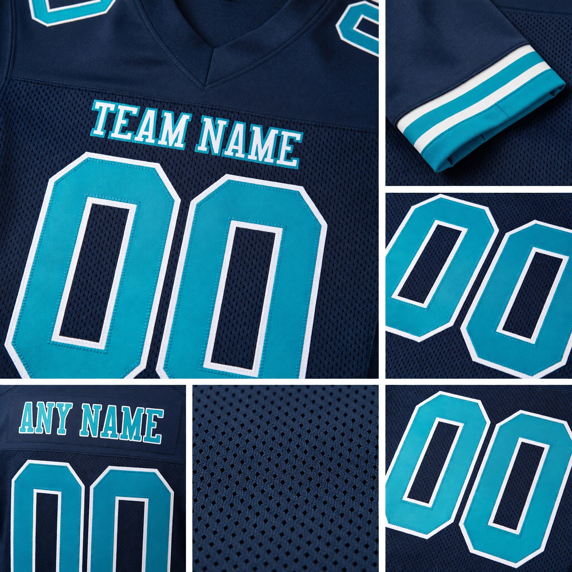 Custom Navy Aqua-White Mesh Authentic Football Jersey detail