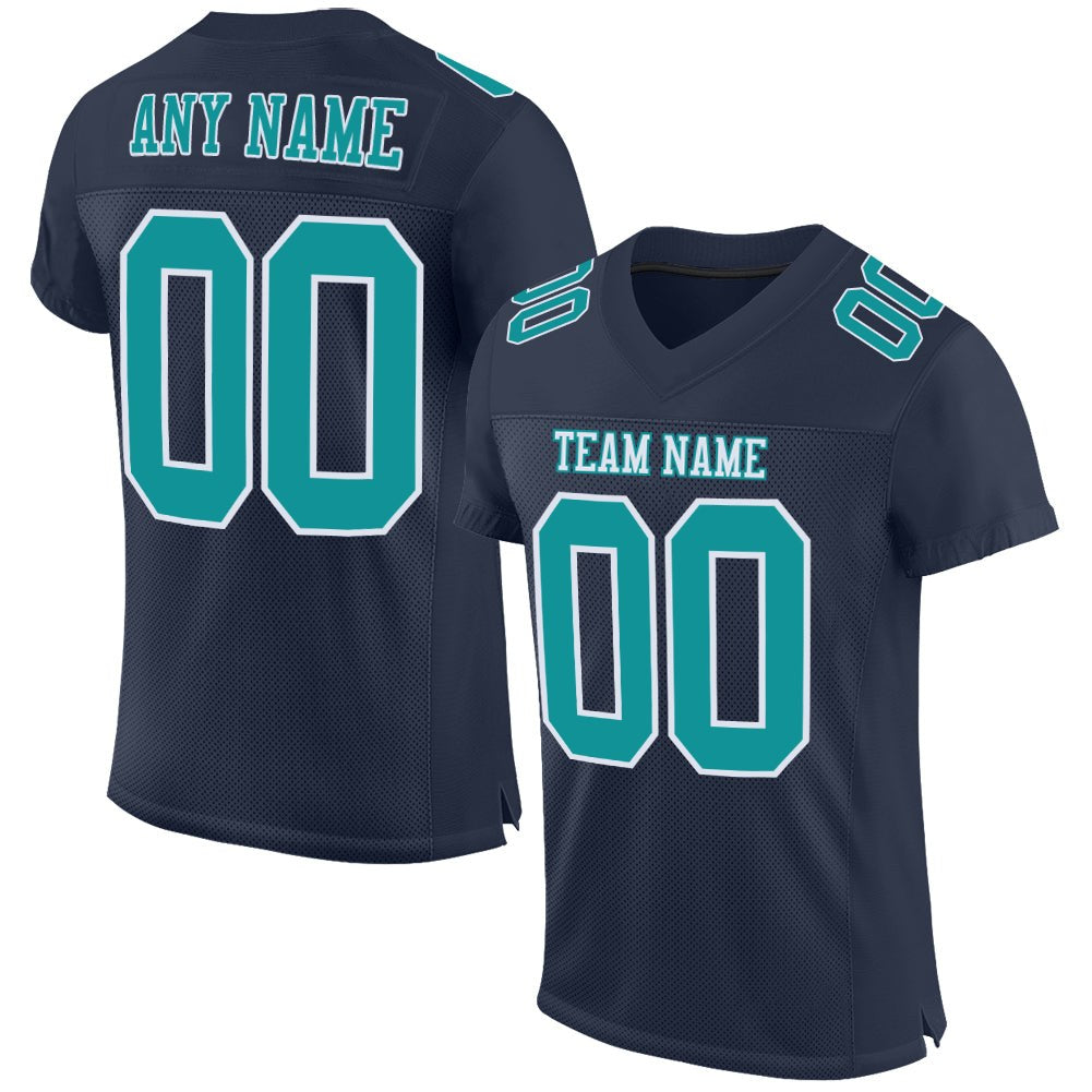 Custom Navy Aqua-White Mesh Authentic Football Jersey photo 1