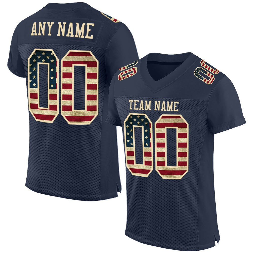 Custom Navy Vintage USA Flag-Cream Mesh Authentic Football Jersey photo 1