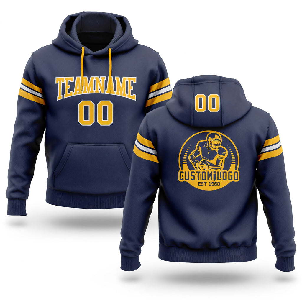 Custom Stitched Navy Gold-White Football Pullover Sweatshirt Hoodie