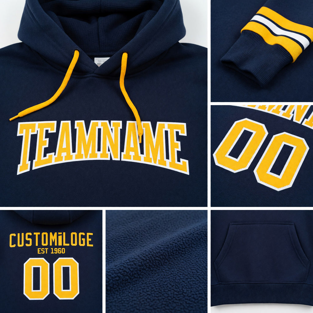 Custom Stitched Navy Gold-White Football Pullover Sweatshirt Hoodie detail