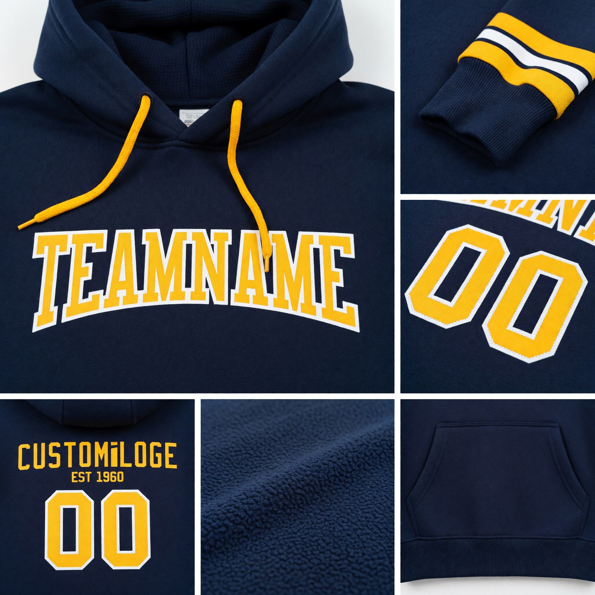 Custom Stitched Navy Gold-White Football Pullover Sweatshirt Hoodie detail
