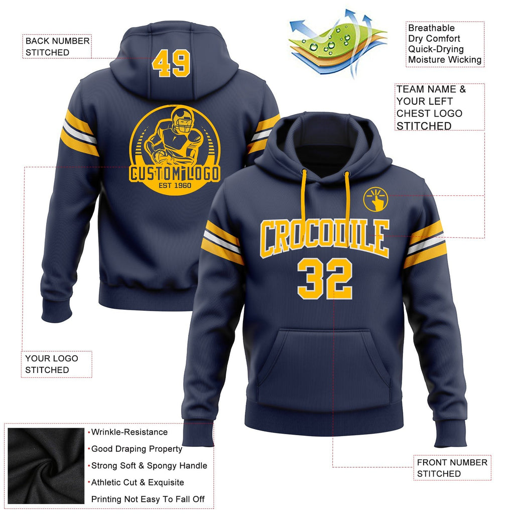 Custom Stitched Navy Gold-White Football Pullover Sweatshirt Hoodie photo 2