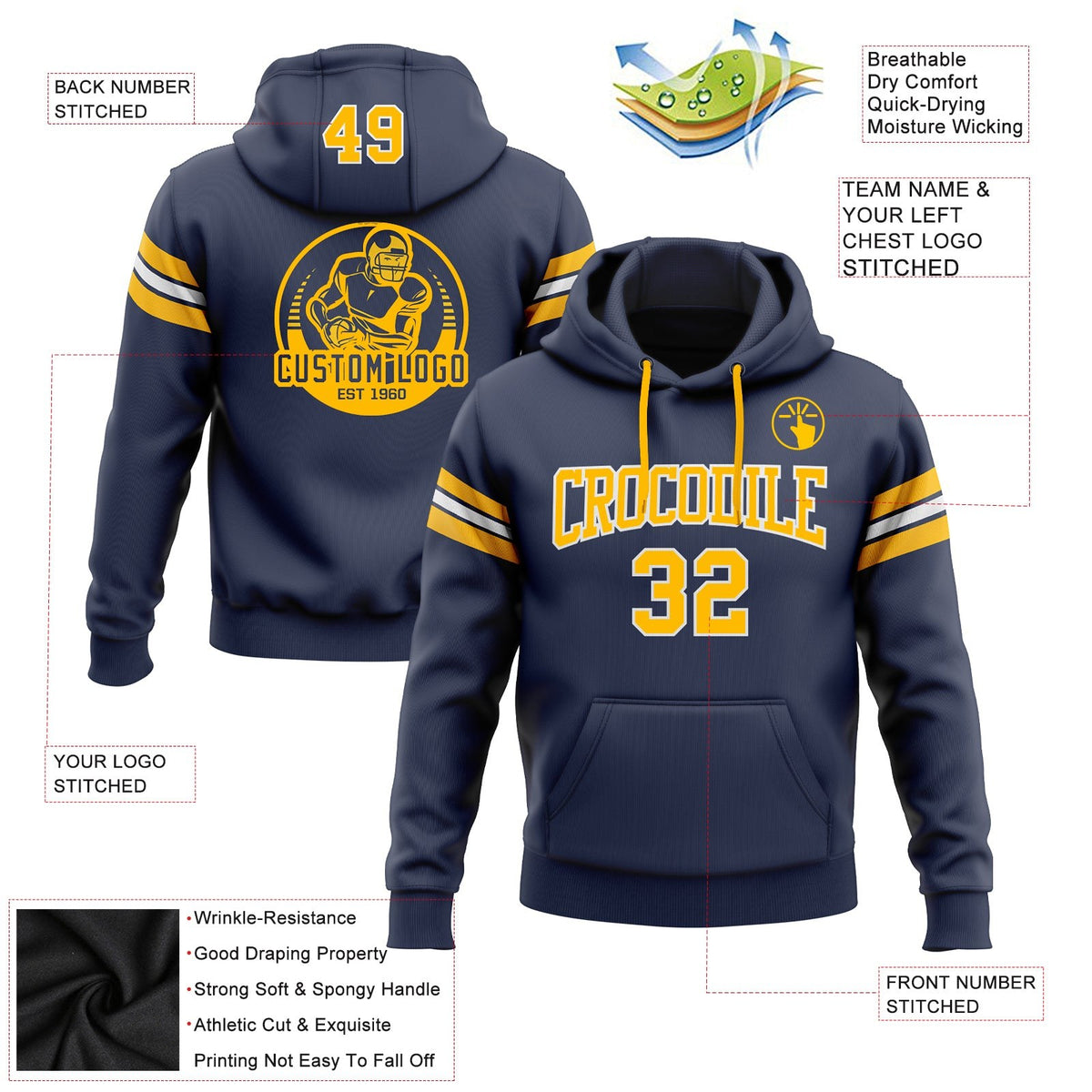 Custom Stitched Navy Gold-White Football Pullover Sweatshirt Hoodie photo 2