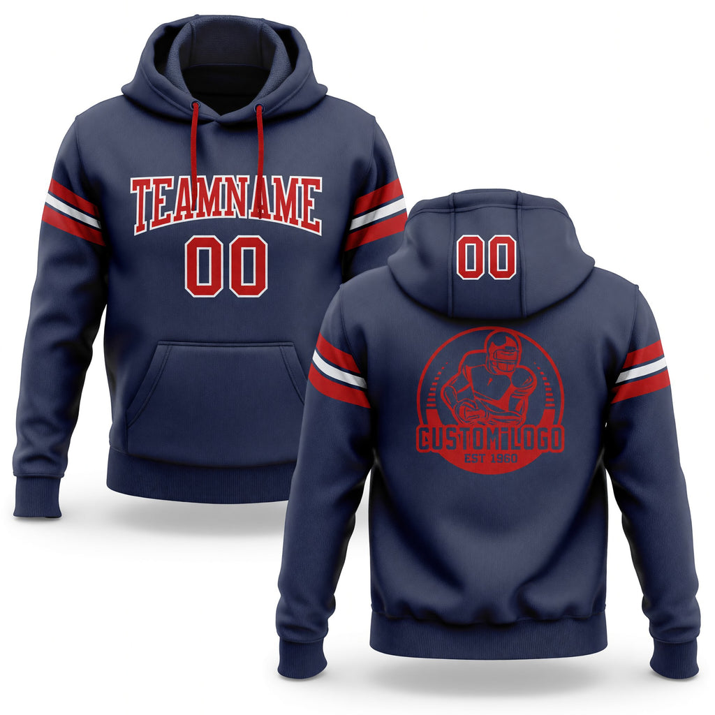 Custom Stitched Navy Red-White Football Pullover Sweatshirt Hoodie