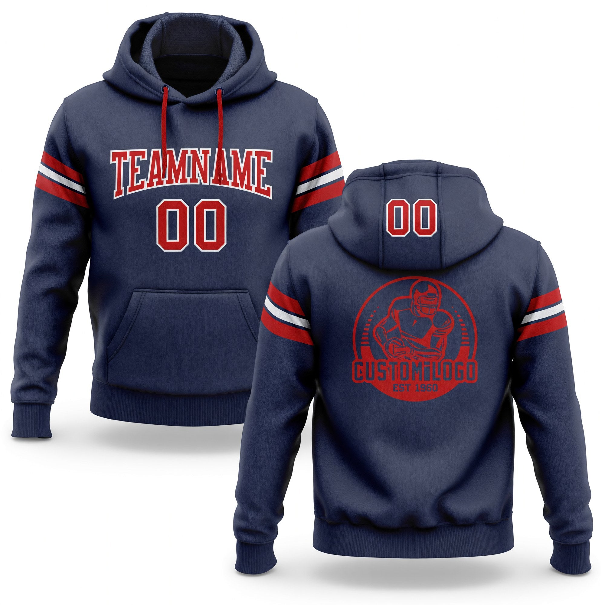 Custom Stitched Navy Red-White Football Pullover Sweatshirt Hoodie