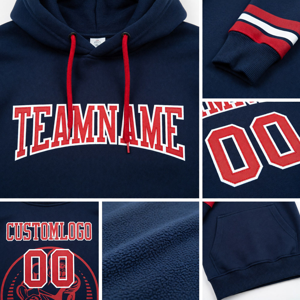 Custom Stitched Navy Red-White Football Pullover Sweatshirt Hoodie detail