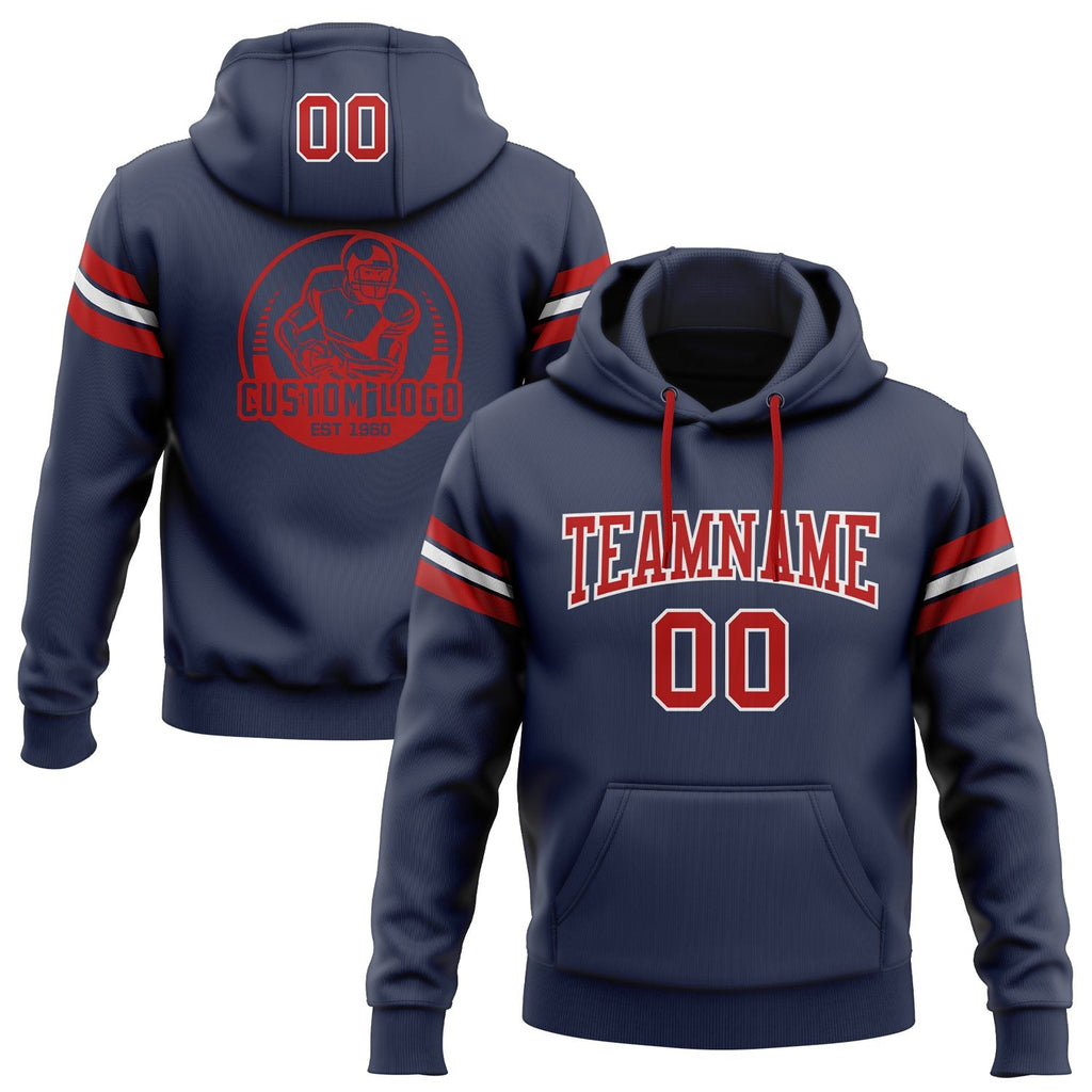 Custom Stitched Navy Red-White Football Pullover Sweatshirt Hoodie photo 1