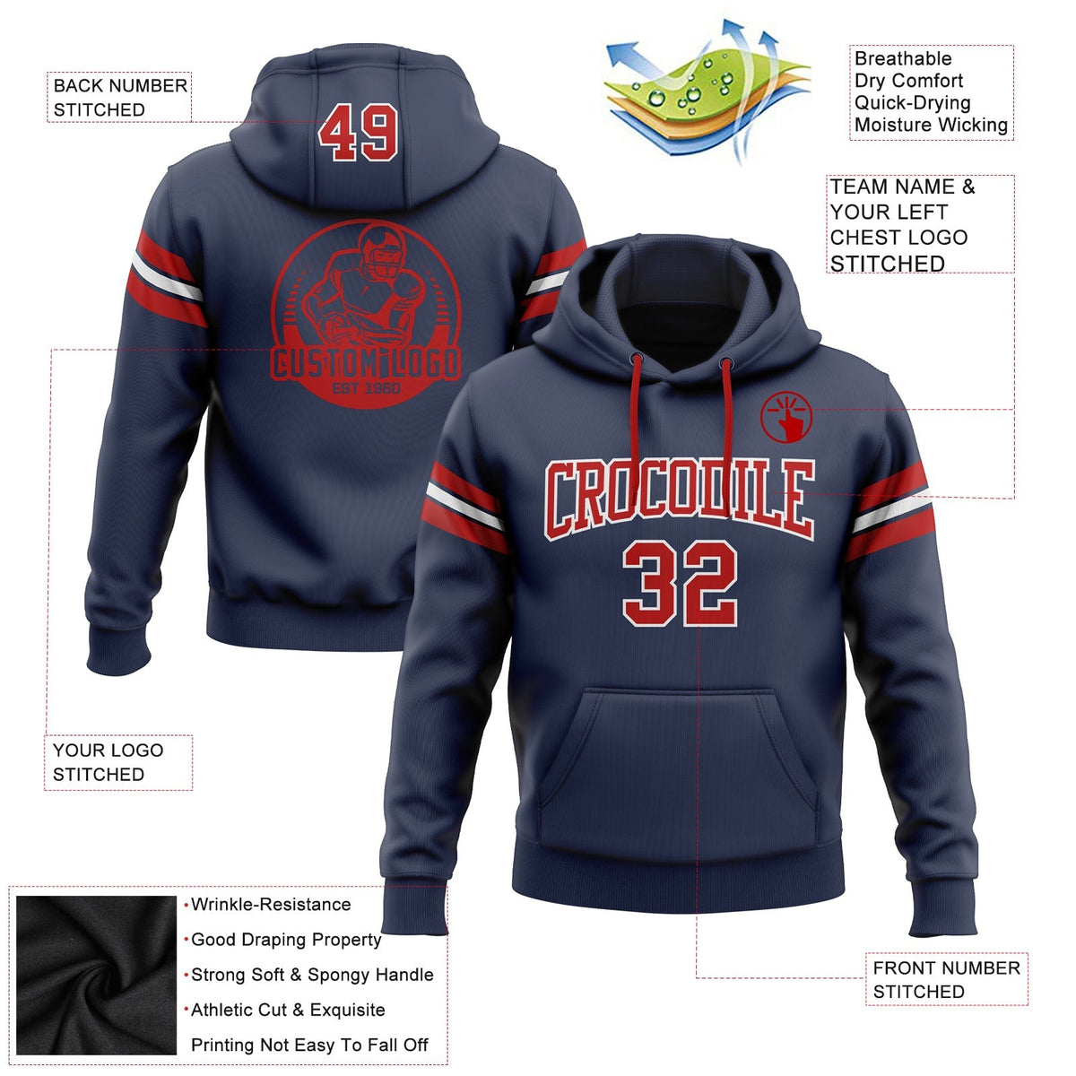 Custom Stitched Navy Red-White Football Pullover Sweatshirt Hoodie photo 2
