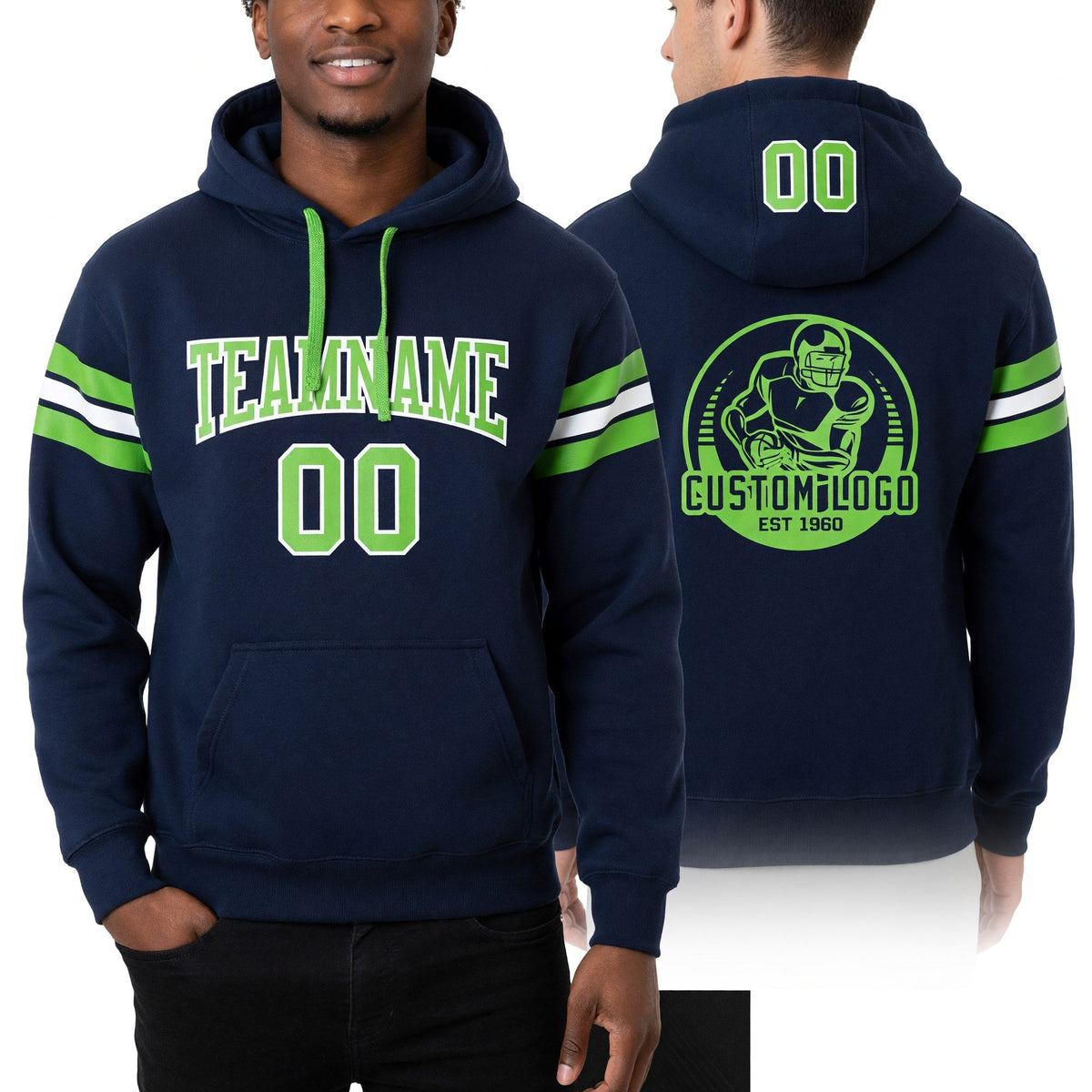 Custom Stitched Navy Neon Green-White Football Pullover Sweatshirt Hoodie worn front and back