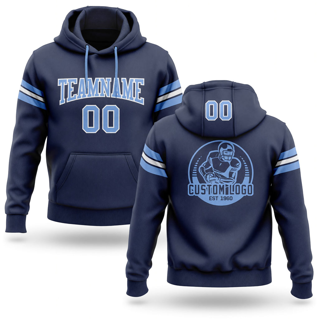 Custom Stitched Navy Light Blue-White Football Pullover Sweatshirt Hoodie
