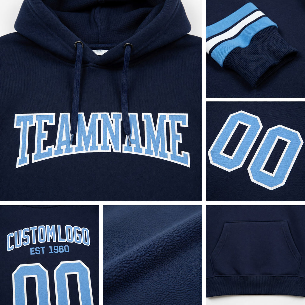 Custom Stitched Navy Light Blue-White Football Pullover Sweatshirt Hoodie detail