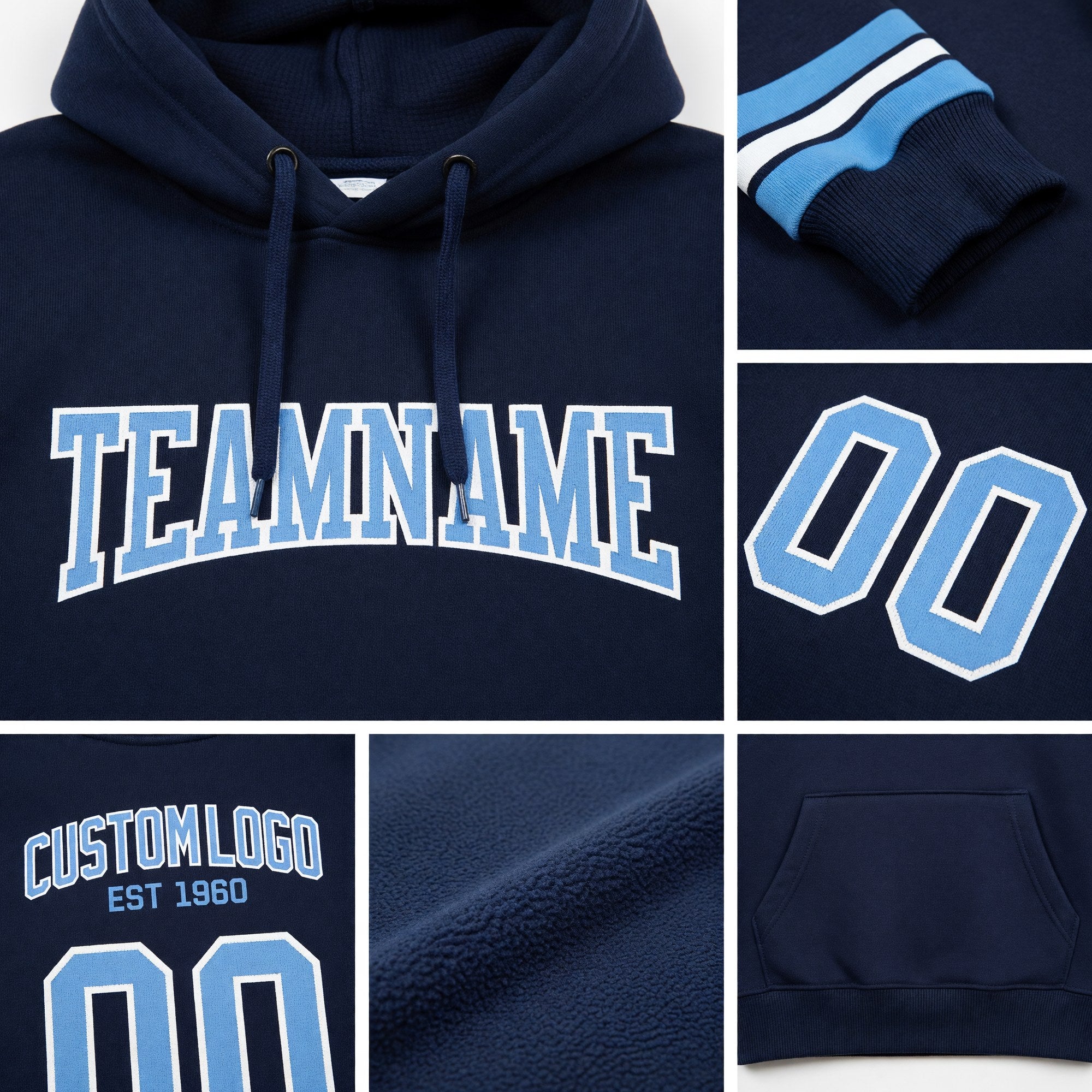 Custom Stitched Navy Light Blue-White Football Pullover Sweatshirt Hoodie detail