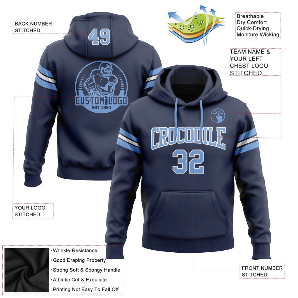 Custom Stitched Navy Light Blue-White Football Pullover Sweatshirt Hoodie photo 2