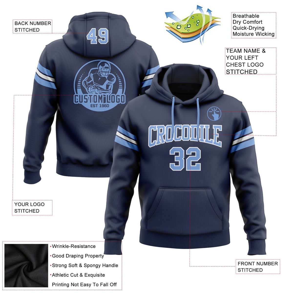 Custom Stitched Navy Light Blue-White Football Pullover Sweatshirt Hoodie photo 2
