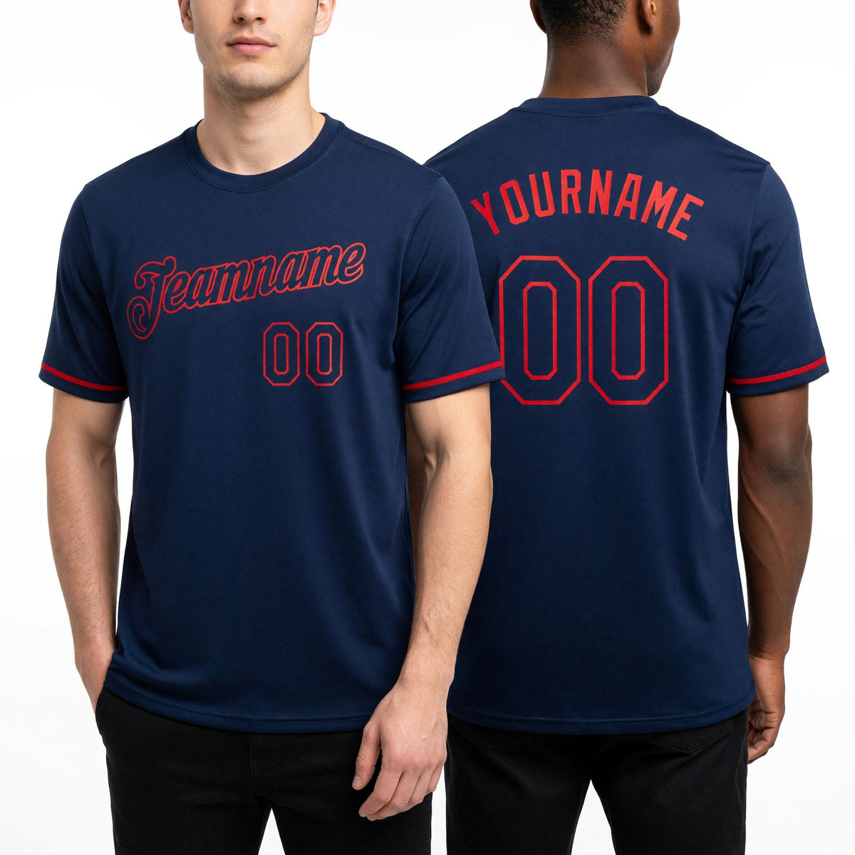 Custom Navy Navy-Red Performance T-Shirt worn front and back