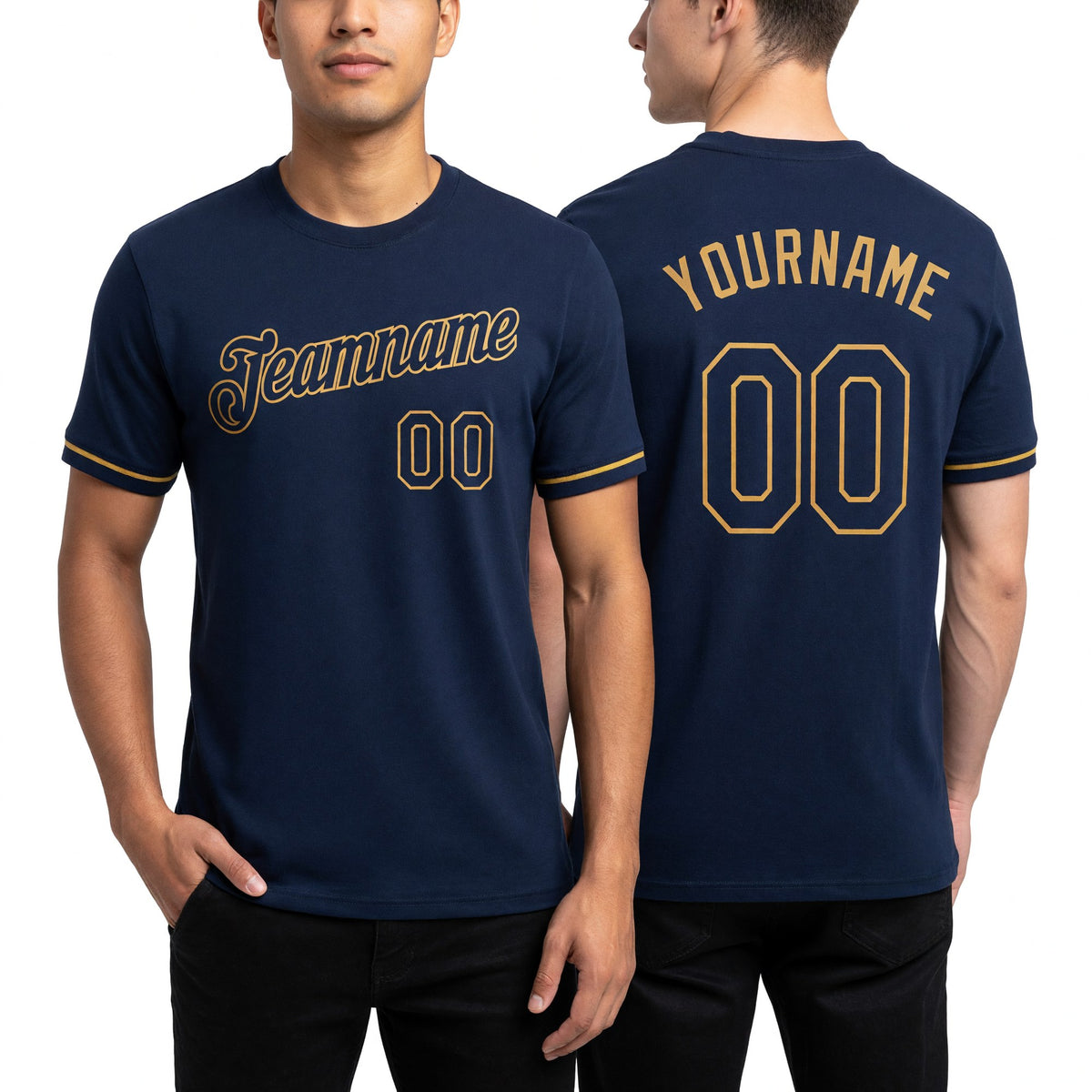 Custom Navy Navy-Old Gold Performance T-Shirt worn front and back