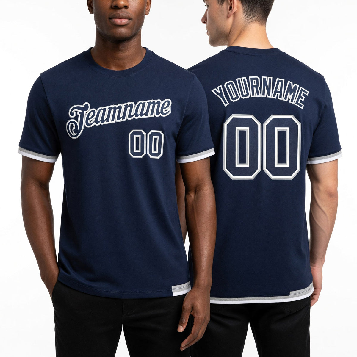 Custom Navy Navy-Gray Performance T-Shirt worn front and back